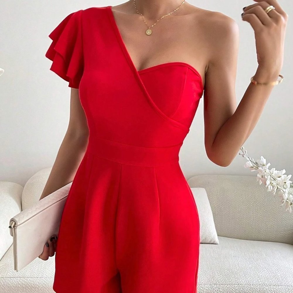Red One Shoulder Butterfly Sleeve Romper - Picture 4 of 5